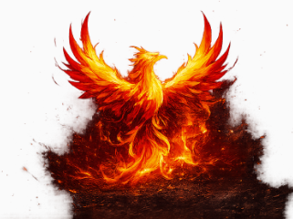 A fiery phoenix rising from ash